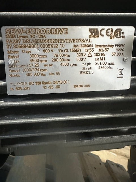 2021 SEW - EURODRIVE FAZ97 DRL160M4BE20HR/TF/EG7S/AL PARALLEL SHAFT HELICAL GEARMOTOR - Second Life - Equipment - collection_name