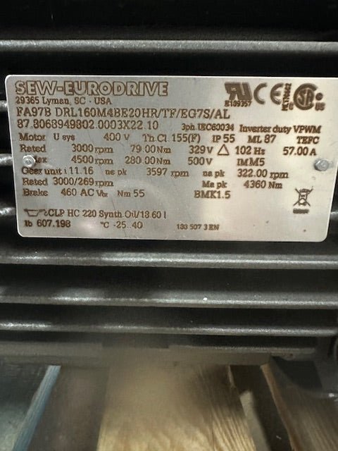 2021 SEW - EURODRIVE FAZ97 DRL160M4BE20HR/TF/EG7S/AL PARALLEL SHAFT HELICAL GEARMOTOR - Second Life - Equipment - collection_name