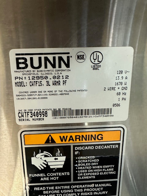 "BUNN CWTF15, 3LPF "POUR OVER OR DIRECT LINE COFFEE BREWER W/3 WARMERS,120V 1PH