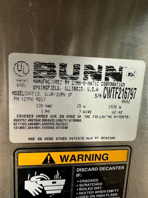"BUNN CWTF15 1LW/2UP"POUR OVER OR DIRECT LINE COFFEE BREWER W/3 WARMERS,120V 1PH