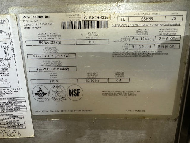 "PITCO MODEL SSH55" N GAS COMMERCIAL DEEP FRYER ON CASTER 50LBS,80000 BTU