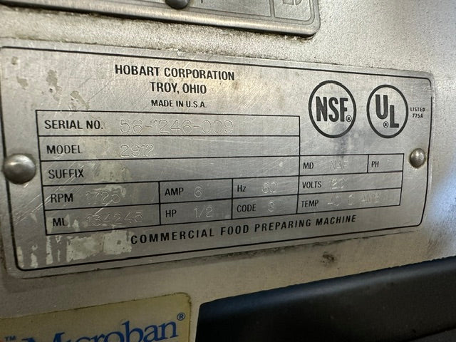 "HOBART 2912" H.D MANUAL COMMERCIAL COUNTERTOP 12" BLADE MEAT SLICER,120V 1PH