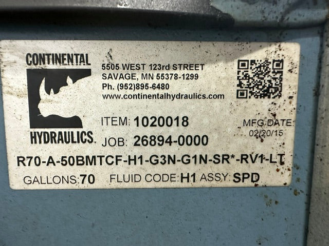CONTINENTAL HYDRAULIC" Hydraulic Power Unit, 70 Gallon Capacity, 500 PSI