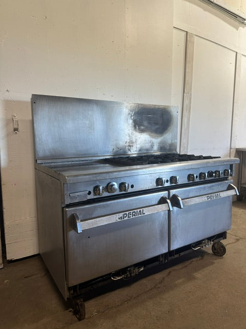 IMPERIAL COMMERCIAL NATURAL GAS 6 BURNER 24" GRIDDLE WITH DOUBLE OVEN ON CASTERS