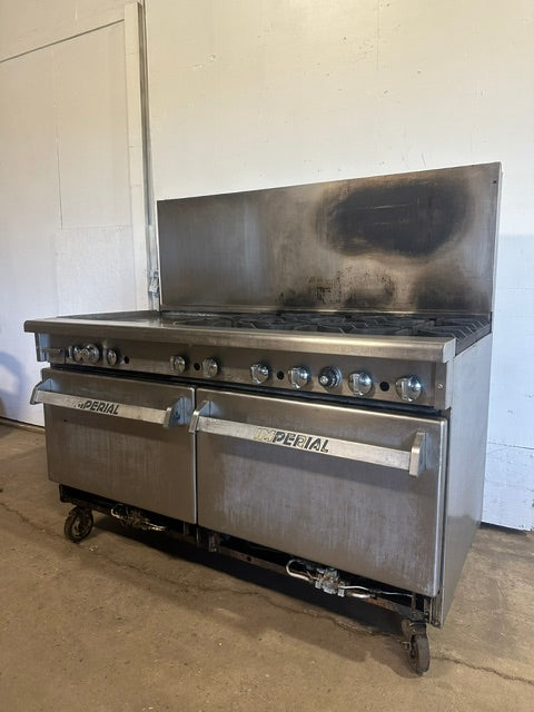 IMPERIAL COMMERCIAL NATURAL GAS 6 BURNER 24" GRIDDLE WITH DOUBLE OVEN ON CASTERS