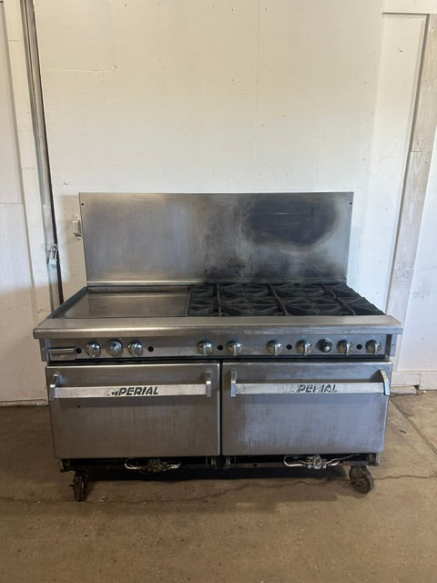 IMPERIAL COMMERCIAL NATURAL GAS 6 BURNER 24" GRIDDLE WITH DOUBLE OVEN ON CASTERS