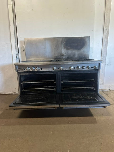 IMPERIAL COMMERCIAL NATURAL GAS 6 BURNER 24" GRIDDLE WITH DOUBLE OVEN ON CASTERS