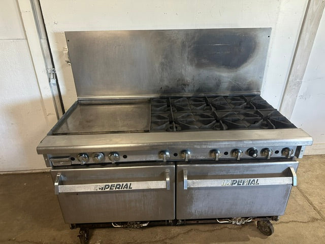 IMPERIAL COMMERCIAL NATURAL GAS 6 BURNER 24" GRIDDLE WITH DOUBLE OVEN ON CASTERS