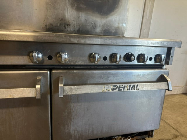 IMPERIAL COMMERCIAL NATURAL GAS 6 BURNER 24" GRIDDLE WITH DOUBLE OVEN ON CASTERS
