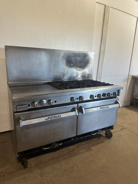IMPERIAL COMMERCIAL NATURAL GAS 6 BURNER 24" GRIDDLE WITH DOUBLE OVEN ON CASTERS