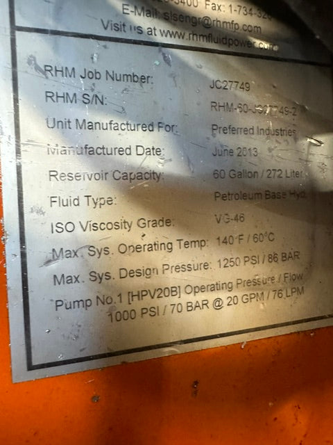 RHM Fluid Power 15hp Hydraulic Power Unit, 60 Gallon Capacity, 1000 PSI at 20 GP