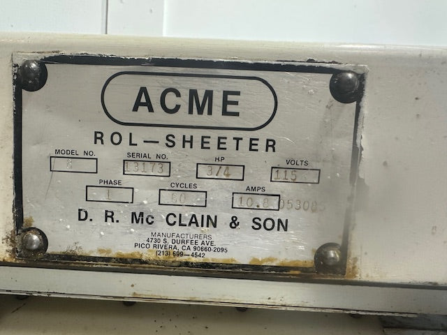 "ACME 8"COMMERCIAL DOUGH ROLLER SHEETER WITH 12"W PRESS PLATES, 115V 1PH