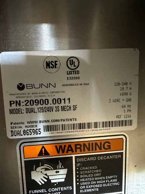 "BUNN DUAL,120/240V 3S MECH SF" COMMERCIAL DUAL COFFEE BREWER ,120/240V, 1PH