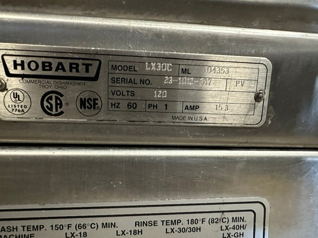 "HOBART LX30C" COMMERCIAL LOW TEMPERATURE UNDERCOUNTER GLASS/DISHWASHER 120V 1PH