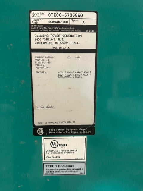 "CUMMINS OTECC-5735860" AUTOMATIC GENERATOR TRANSFER SWITCH, 480 V, 400 AMPS
