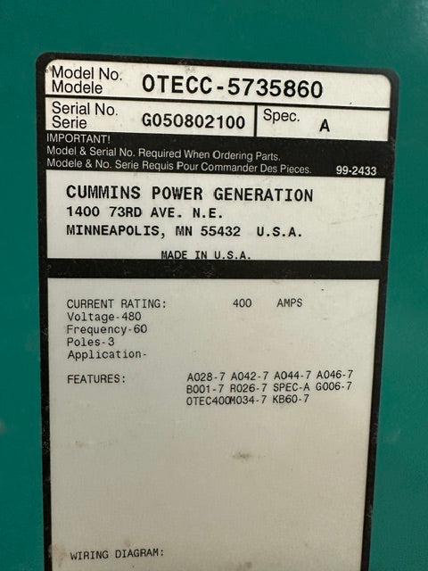 "CUMMINS OTECC-5735860" AUTOMATIC GENERATOR TRANSFER SWITCH, 480 V, 400 AMPS