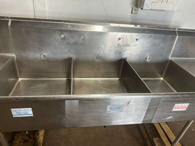 HEAVY DUTY STAINLESS STEEL 3 COMPARTMENT SINK 48x119x32 1/2, 15 GAUGE