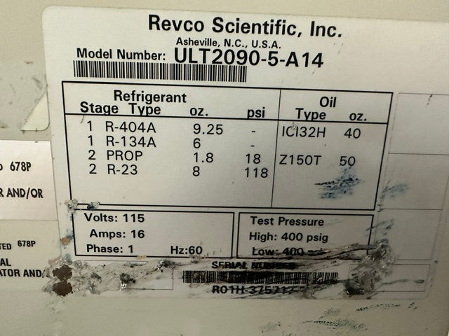 "REVCO ULT2090-5-A14" ultra-low temperature lab chest freezer,115v 1 ph 20cu ft