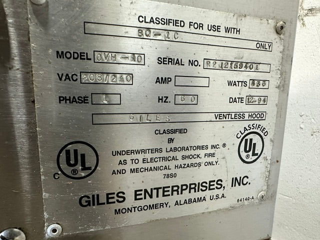 "GILES OVH-10" 36"W COMMERCIAL ELECTRIC TYPE 1 VENTLESS HOOD ,208/240V 1PH