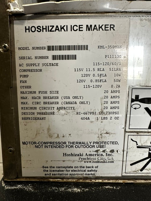 HOSHIZAKI KML-350MAH ICE MAKER W/ATTACHED DISPENSER AND DRIP TRAY