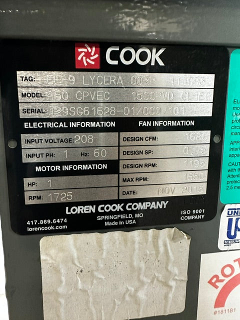 LOREN COOK 150CPVEC HD CENTRIFUGAL VENT SET BLOWER MOTOR 208V, 1HP, 1PH 1725RPM
