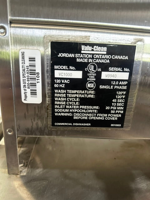 "VALU-CLEAN VC1000" COMMERCIAL ELECTRIC 1PH LOW-TEMP STAINLESS STEEL DISHWASHER