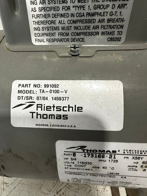 "RIETSCHLE THOMAS MODEL TA-0100-V" INDUSTRIAL ROTARY VANE VACUUM PUMP , 115/230V