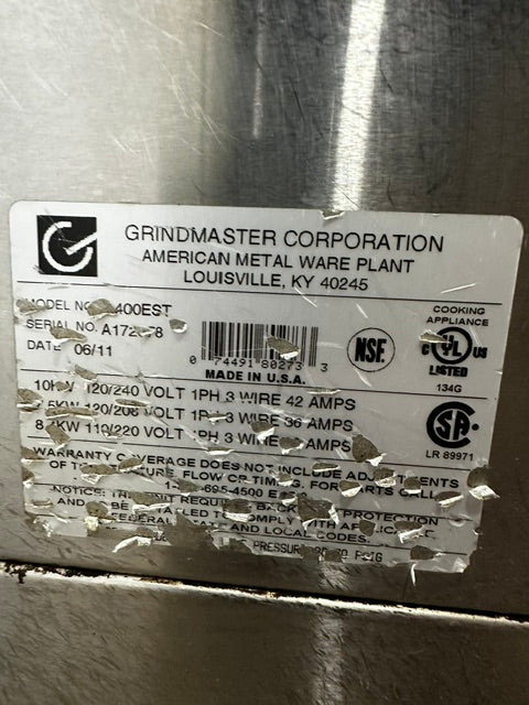 "GRINDMASTER P- 400EST" COMMERCIAL DUAL COFFEE BREWER HOT WATER SPIGOT, 1PH