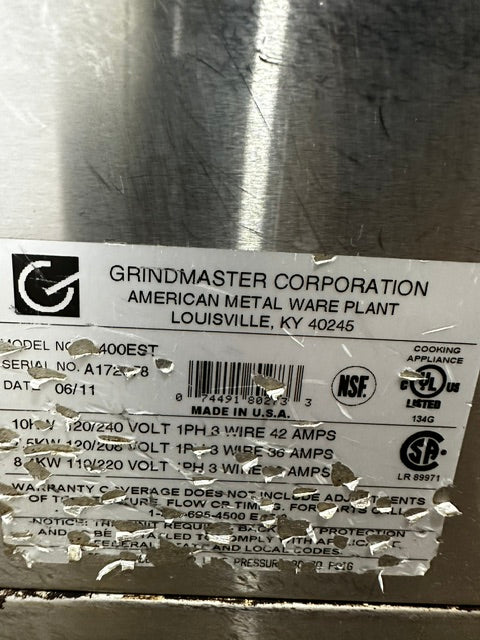 "GRINDMASTER P- 400EST" COMMERCIAL DUAL COFFEE BREWER HOT WATER SPIGOT, 1PH