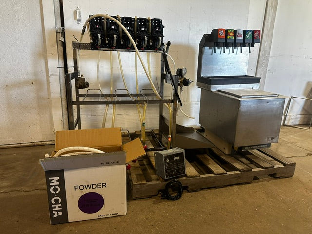 H.D COMMERCIAL 5 FLAVOR SODA  ICE DISPENSER W/ 5 SYRUP PUMPS and BIB STAND