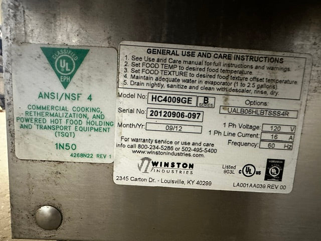 "WINSTON HC4009GE" ELECTRIC 120V 1PH WARMING/HOLDING CABINET ON CASTERS