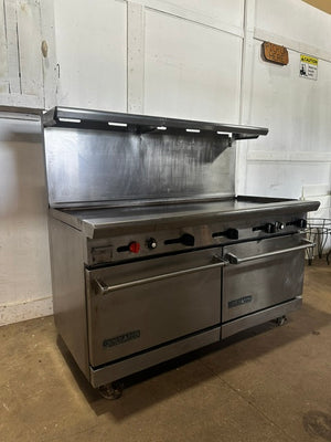 "AMERICAN RANGE"COMMERCIAL N GAS 60"W GRIDDLE WITH DOUBLE OVEN ON CASTERS