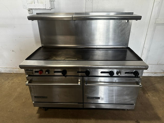 "AMERICAN RANGE"COMMERCIAL N GAS 60"W GRIDDLE WITH DOUBLE OVEN ON CASTERS