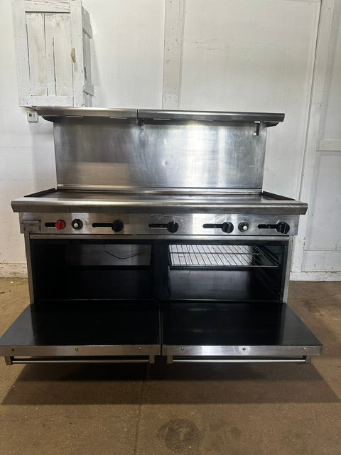 "AMERICAN RANGE"COMMERCIAL N GAS 60"W GRIDDLE WITH DOUBLE OVEN ON CASTERS