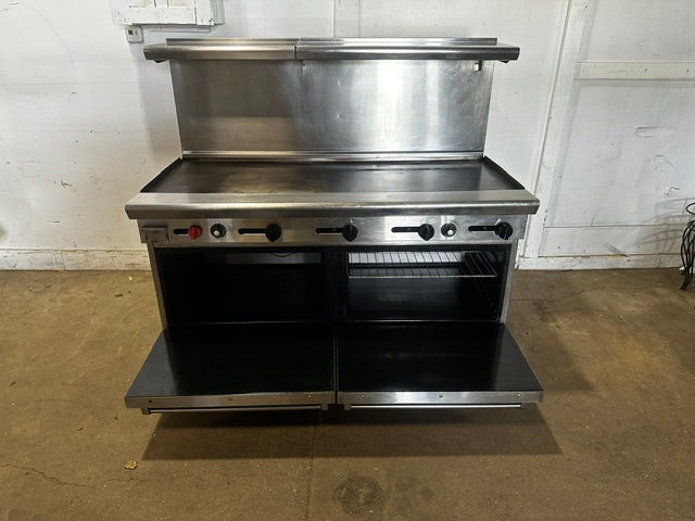 "AMERICAN RANGE"COMMERCIAL N GAS 60"W GRIDDLE WITH DOUBLE OVEN ON CASTERS