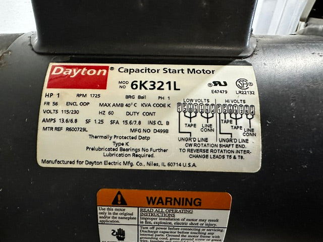 1hp DRIVE MOTOR FOR DAYTON 4HX96A COMMERCIAL ROOF TOP EXHAUST FAN
