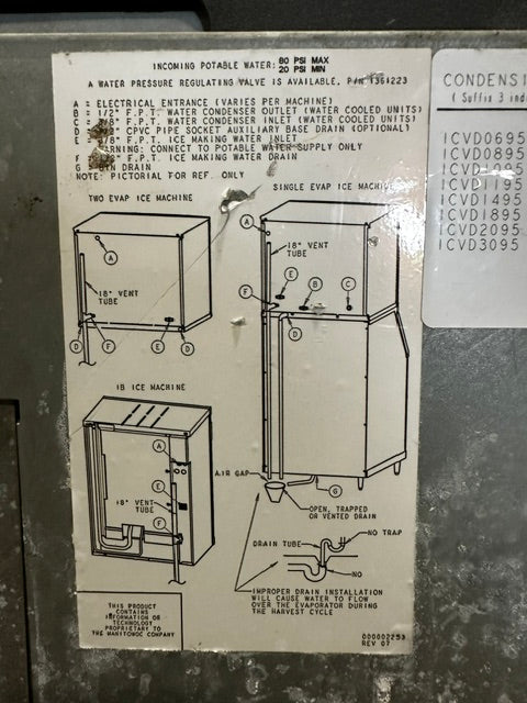 MANITOWOC IB0696YC-161 HALF DICE CUBE ICE MACHINE 560-640LB/24HR 1ph 115v