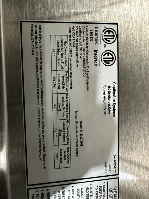 CAPTIVEAIRE SYSTEM 4212 VHB S.S TYPE II 42"W CONDENSATE EXHAUST HOOD, (OPEN BOX)
