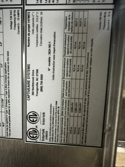 CAPTIVEAIRE SYSTEM 3624 ND-1 S.S TYPE I 48"W WALL EXHAUST HOOD, (OPEN BOX)