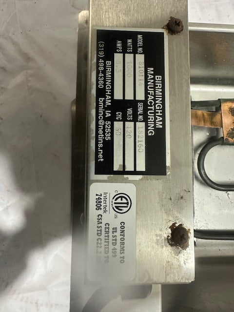 "BIRMINGHAM MANUFACTURE" MODEL 810114 CONDENSATE EVAPORATION PAN, 120V, 1000W