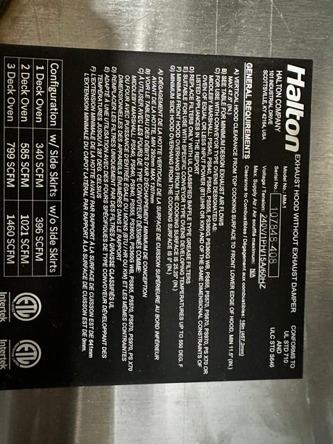 "HALTON MODEL MM-1" S.S EXHAUST HOOD for Lincoln & Middleby CONVEYOR PIZZA OVEN