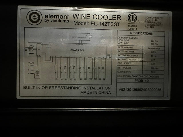 "VINOTEMP EL-142TSST" COMMERCIAL 155- BOTTLE DUAL ZONE LIGHTED WINE COOLER ,1PH