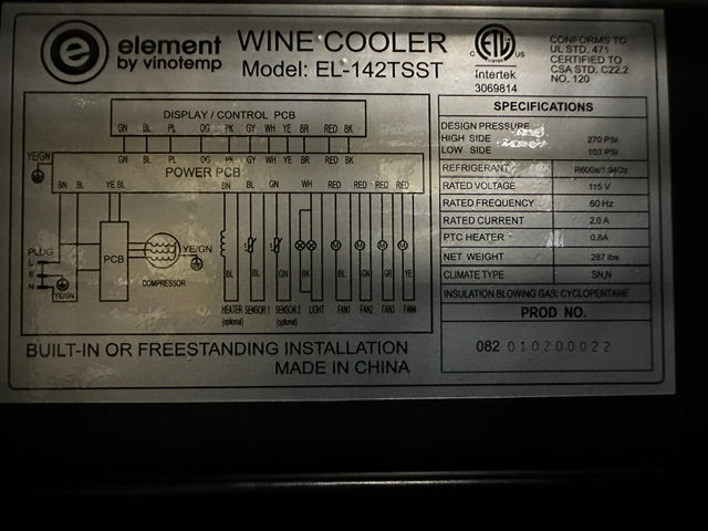 "VINOTEMP EL-142TSST" COMMERCIAL 155- BOTTLE DUAL ZONE LIGHTED WINE COOLER ,1PH