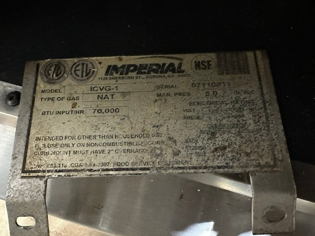 "IMPERIAL ICVG-1"H.D COMMERCIAL N GAS CONVECTION OVEN ON CASTER, 70,000 BTU/HR