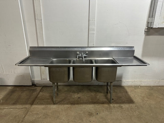 HEAVY DUTY COMMERCIAL  STAINLESS STEEL 3 COMPARTMENT SINK 44x93x22.5, 17 GAUGE, HOT/COLD FAUCET
