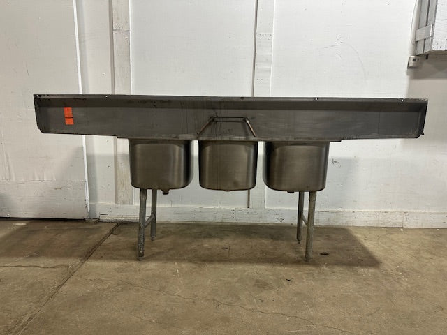 HEAVY DUTY COMMERCIAL  STAINLESS STEEL 3 COMPARTMENT SINK 44x93x22.5, 17 GAUGE, HOT/COLD FAUCET