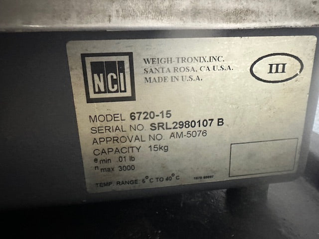 NCI WEIGH TRONIX MODEL: 6720-15 SCALE W/ 15KG CAPACITY DIGITAL PARCEL SCALE