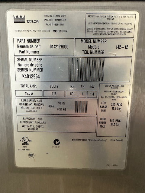 "TAYLOR 142-12" COUNTER TOP 1 PH AIR COOL SOFT SERVE ICE CREAM MACHINE, 115V