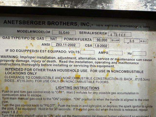 "ANETS SLG 40" N GAS COMMERCIAL DEEP FRYER ON LEGS, 40LBS 90,000BTU