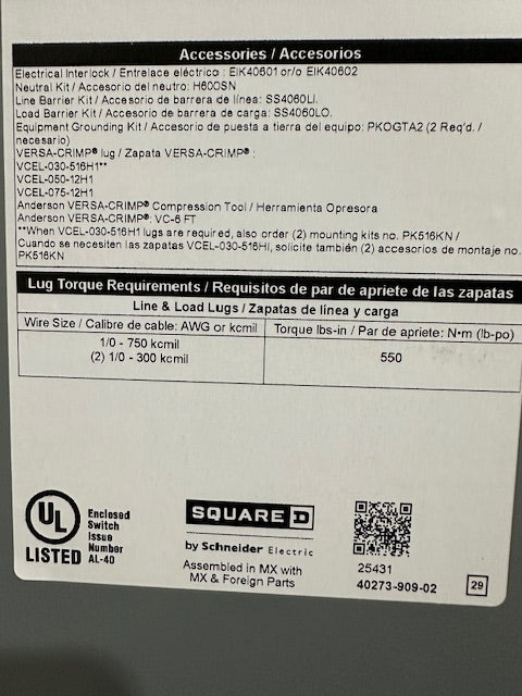 HU365R - Square D - Disconnect and Safety Switches 400 Amp - 3 Pole - 600 Volt